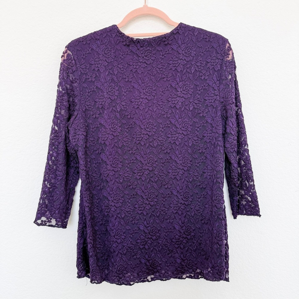 Womens Lace Top XL Petite Purple Scalloped Neck 3/4 Sleeve Romantic Classic - Picture 7 of 8